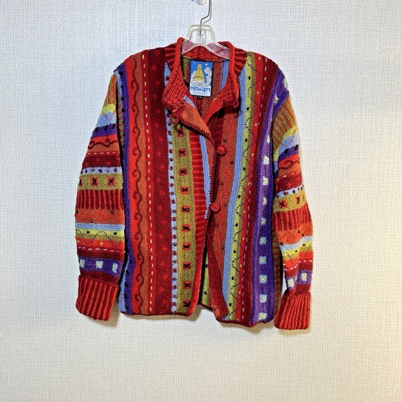 Newari Nepal Cardigan Sweater 100% Wool Knit Abstract Stripe Large/X-Large - Picture 1 of 7